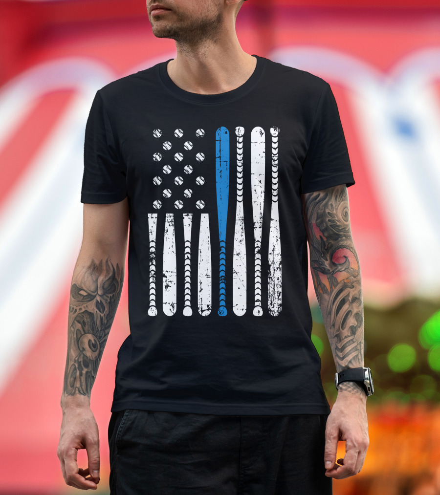 Thin Blue Line Baseball Bats USA Flag Police Support T-Shirt