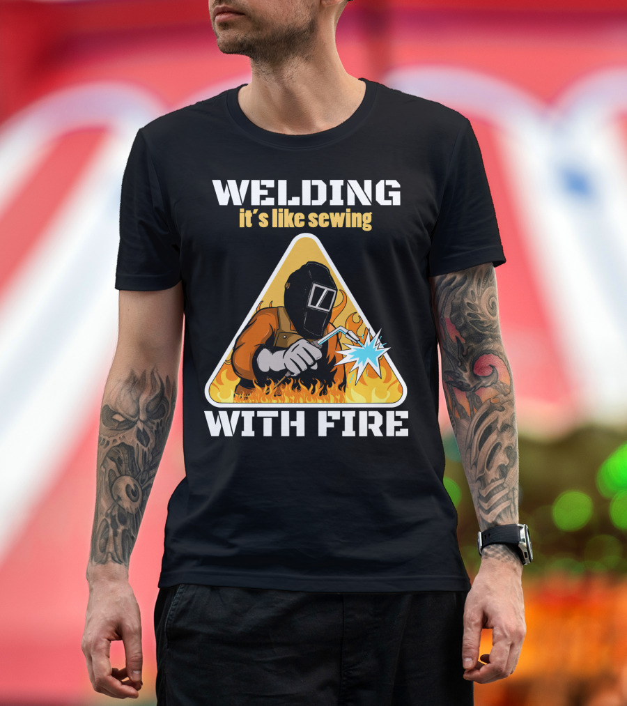 Welding It's Like Sewing With Fire Welding Mask Flames Triangle T-Shirt