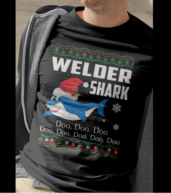 WELDER SHARK Doo Doo Doo Christmas Santa Hat Snowflakes T-Shirt