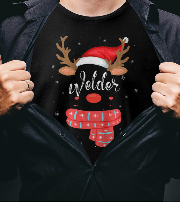 Welder Squad Reindeer Matching Group Christmas Antlers Santa Hat Snowflakes Scarf T-Shirt