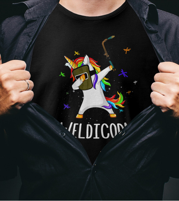 Weldicorn Welder Unicorn Dabbing Rainbow Mane With Welding Torch T-Shirt