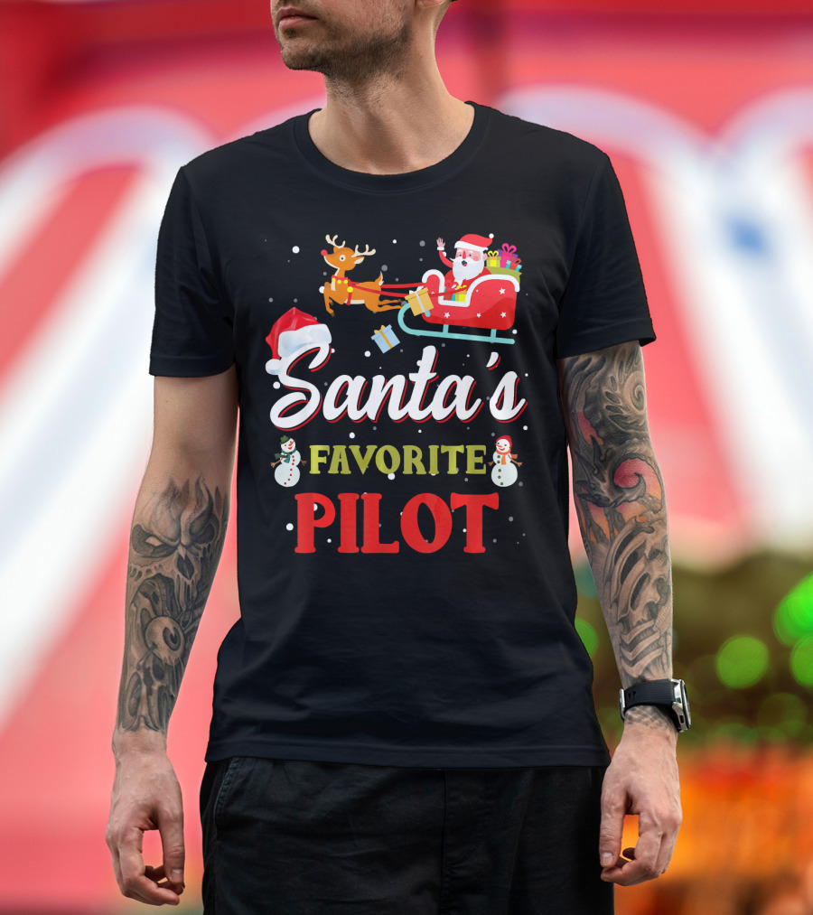 Santa's Favorite Pilot Flying with Reindeer and Gifts T-Shirt