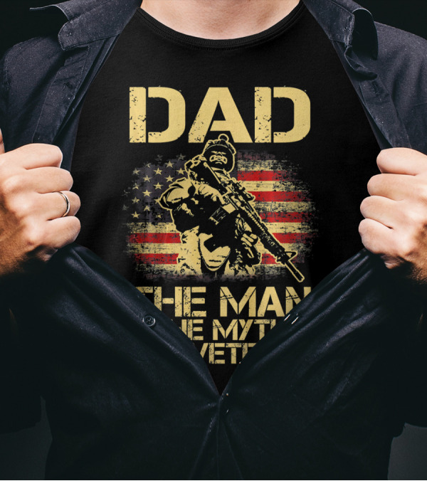 DAD The Man The Myth The Veteran American Flag Rifle T-Shirt
