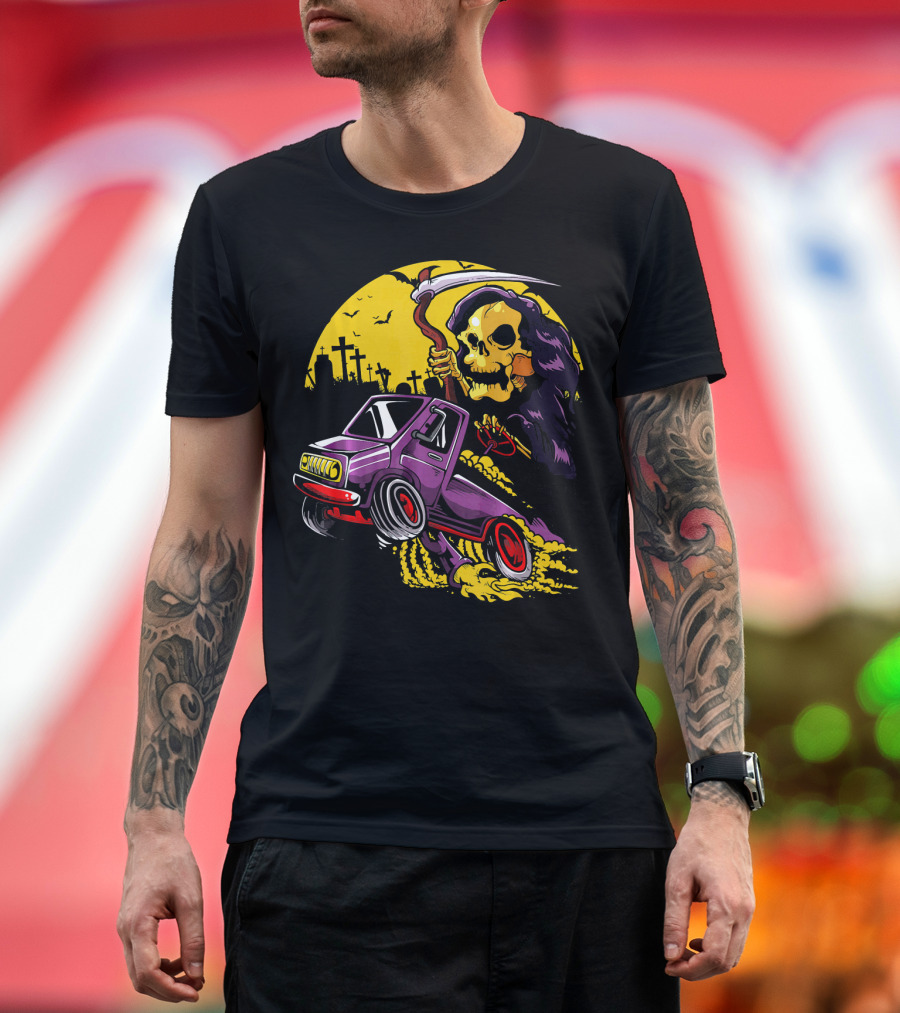 Grim Reaper Trucker Skeleton Driving Purple Truck in Cemetery T-Shirt