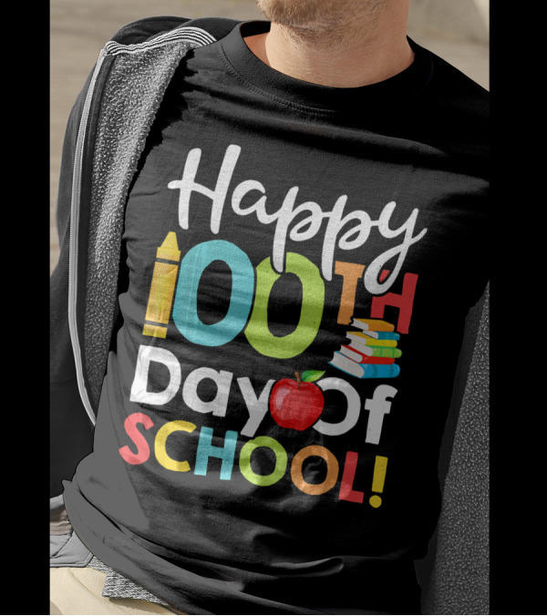 Happy 100th Day Of School Crayon Apple Book Stack T-Shirt