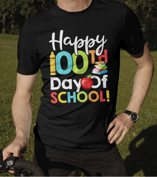 Happy 100th Day Of School Crayon Apple Book Stack T-Shirt