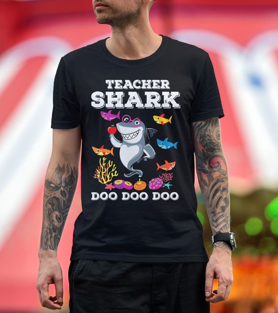 Teacher Shark Doo Doo Doo Funny Graphic with Colorful Fish and Coral T-Shirt