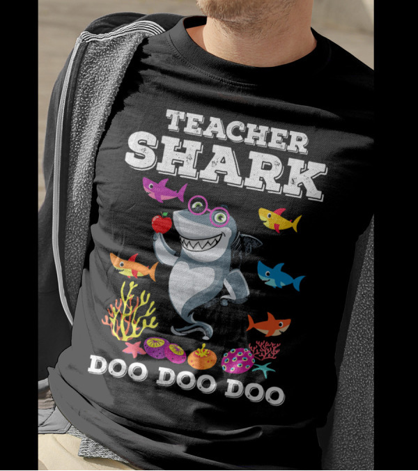 Teacher Shark Doo Doo Doo Funny Graphic With Colorful Fish And Coral T-Shirt