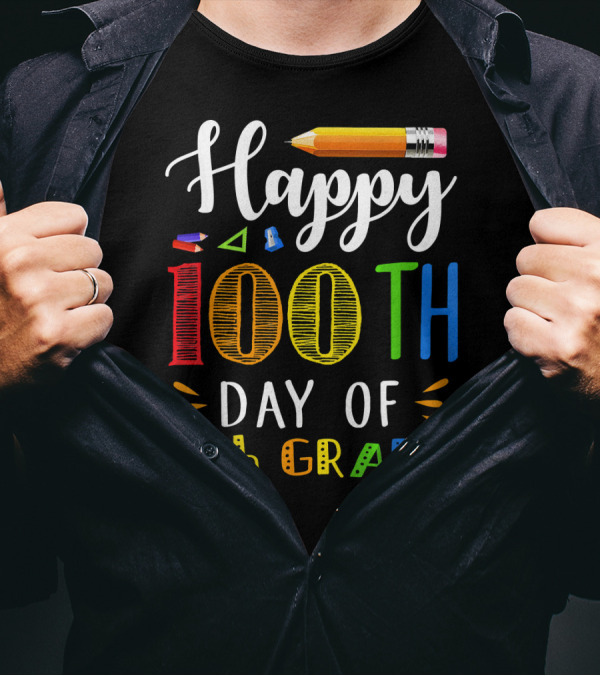 Happy 100Th Day Of 4Th Grade Pencil And Crayons T-Shirt