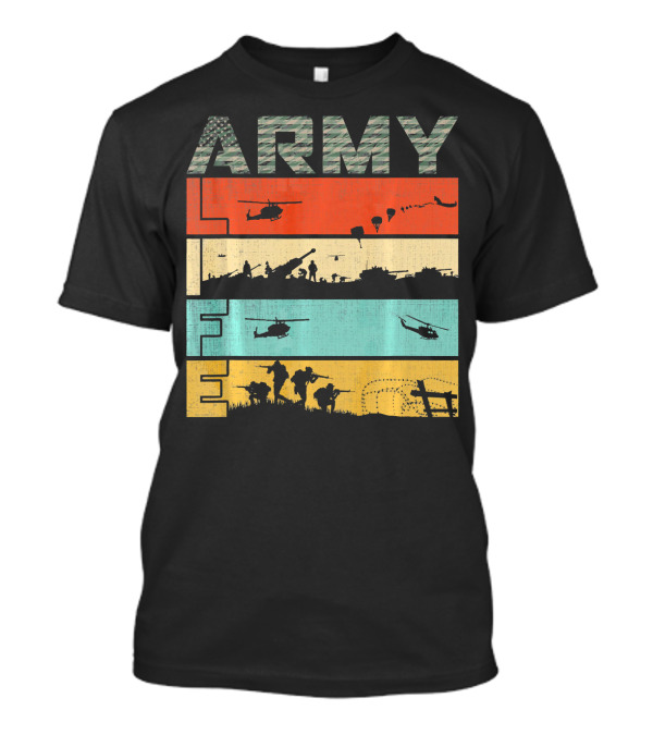 Army Life Vintage Flag Camo Helicopters Tanks Soldiers Paratroopers T-Shirt