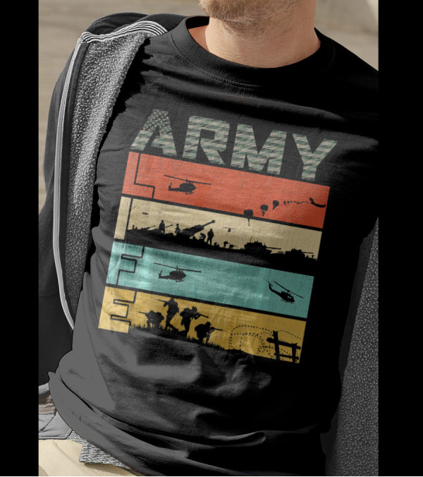 Army Life Vintage Flag Camo Helicopters Tanks Soldiers Paratroopers T-Shirt