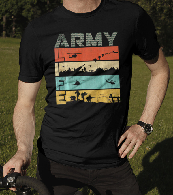 Army Life Vintage Flag Camo Helicopters Tanks Soldiers Paratroopers T-Shirt