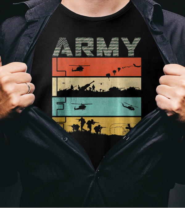 Army Life Vintage Flag Camo Helicopters Tanks Soldiers Paratroopers T-Shirt