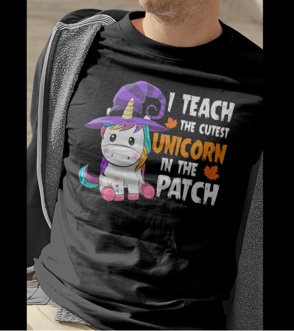 I Teach The Cutest Unicorn In The Patch With Purple Witch Hat And Maple Leaves T-Shirt