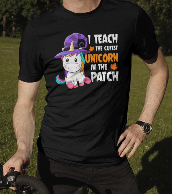 I Teach The Cutest Unicorn In The Patch With Purple Witch Hat And Maple Leaves T-Shirt