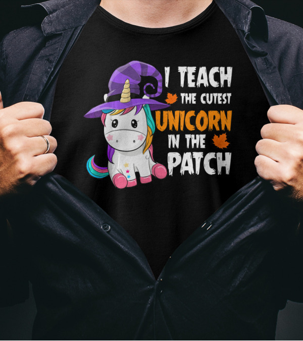 I Teach The Cutest Unicorn In The Patch With Purple Witch Hat And Maple Leaves T-Shirt