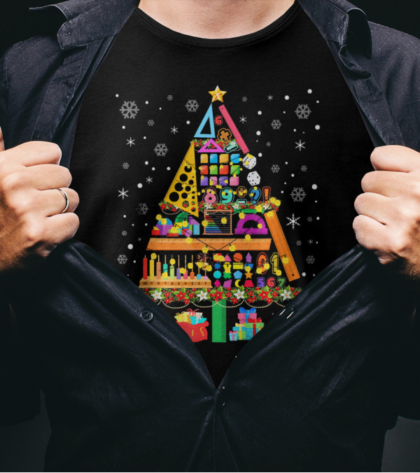 Math Christmas Tree Cute Nerd Festive Geometry Numbers Snowflakes T-Shirt
