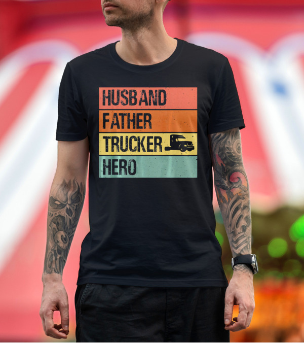 Premium T-Shirt: Husband Father Trucker Hero Retro Stripes Truck T-Shirt Husband Father Trucker Hero Retro Stripes Truck T-Shirt