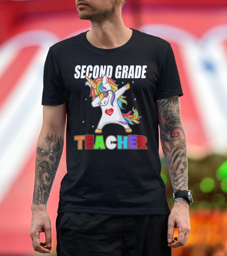 Second Grade Teacher Unicorn Dabbing with Rainbow Mane T-Shirt