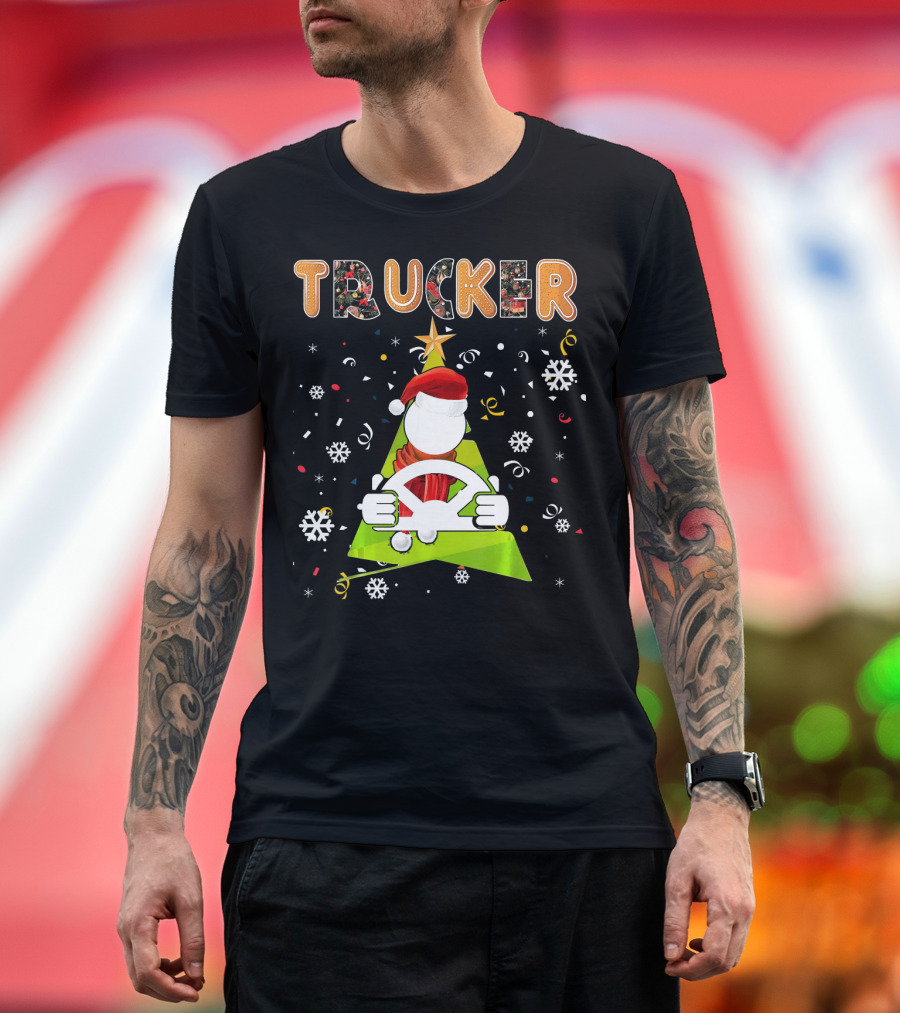 Trucker Christmas Tree Gingerbread Santa Steering Wheel Snowflakes T-Shirt