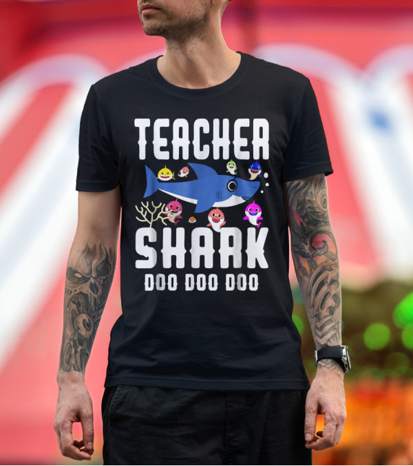 Premium T-Shirt: Teacher Shark Doo Doo Doo with Cartoon Sharks and Coral Scene T-Shirt Teacher Shark Doo Doo Doo with Cartoon Sharks and Coral Scene T-Shirt