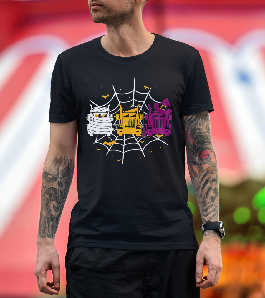Truck Driver Mummy Pumpkin Witch Hat Halloween Web Bats T-Shirt
