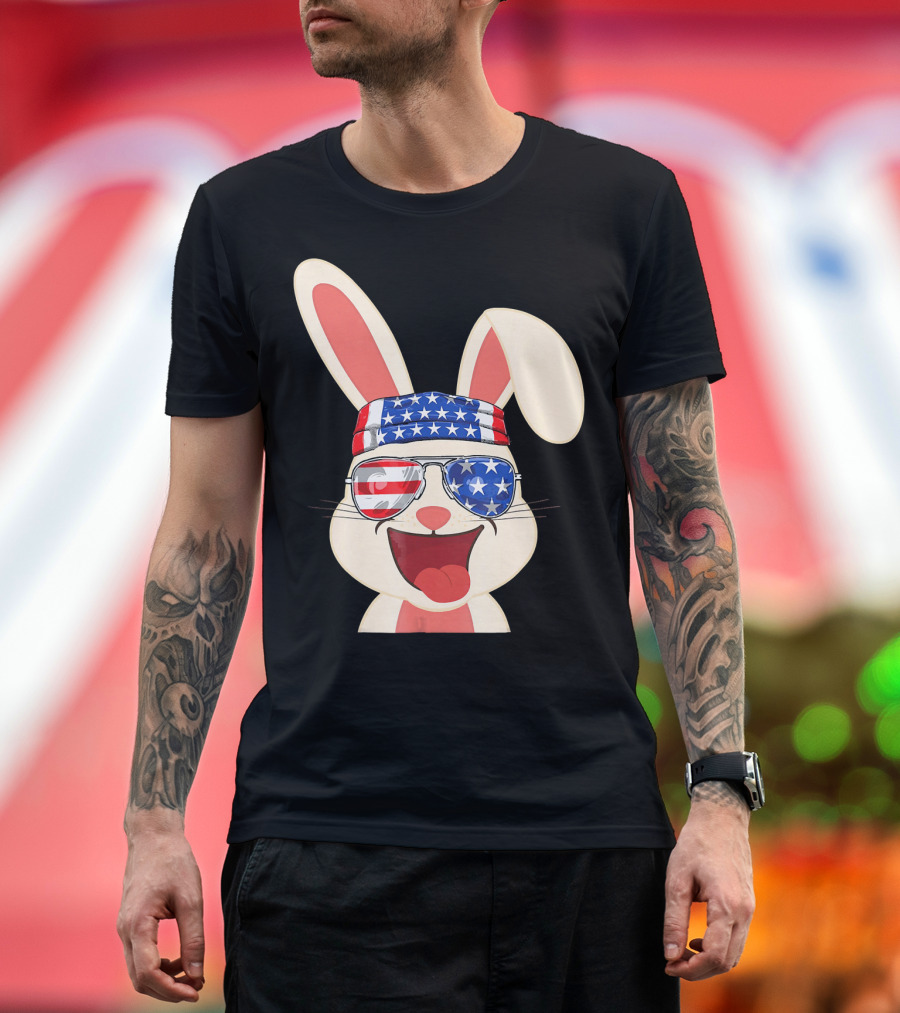 Vintage Patriotic Rabbit with American Flag Bandana and Sunglasses 4th of July T-Shirt