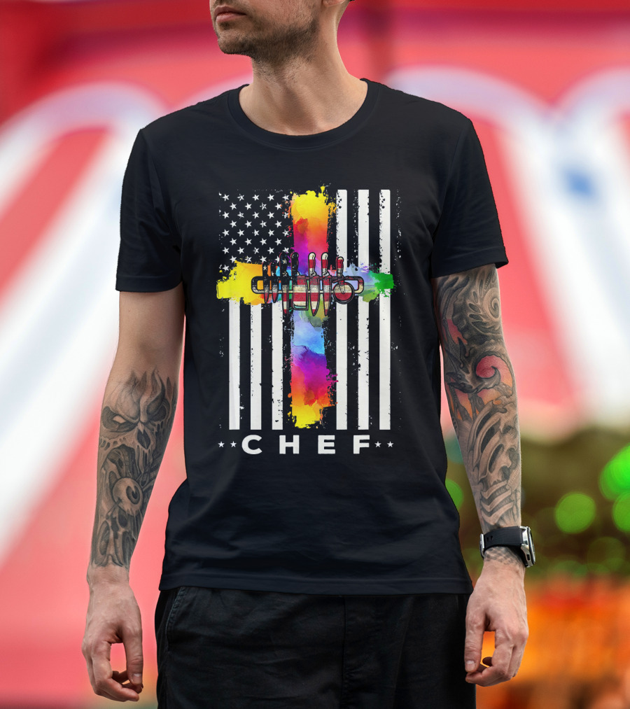 Chef American Flag Cross with Colorful Utensils T-Shirt