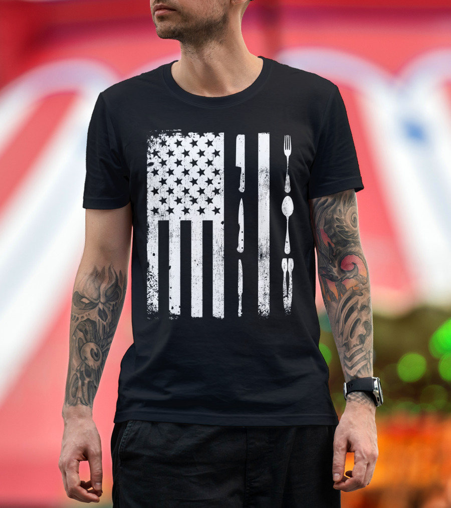 American Patriotic Chef Flag with Culinary Utensils T-Shirt