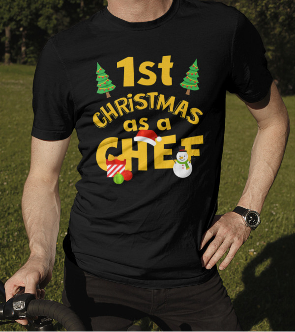 1st Christmas As A Chef With Santa Hat, Snowman, Gift, And Ornaments T-Shirt