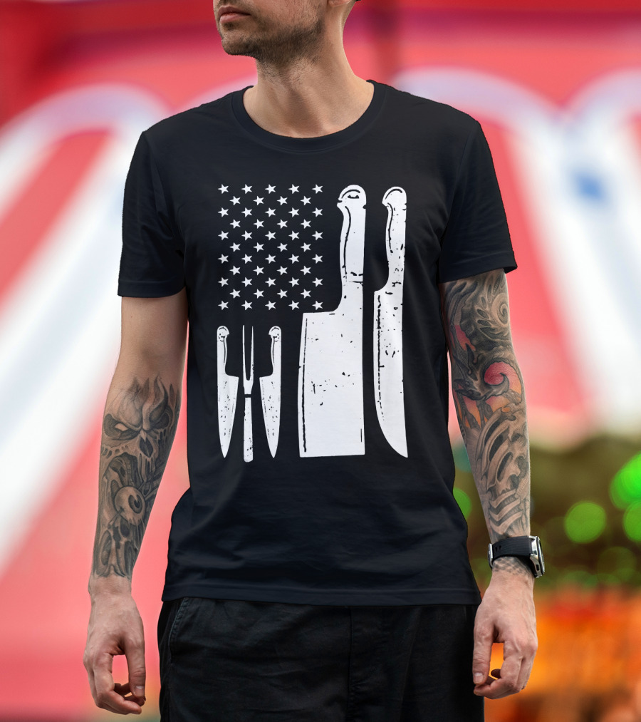 American Flag with Chef Knife Cutlery T-Shirt