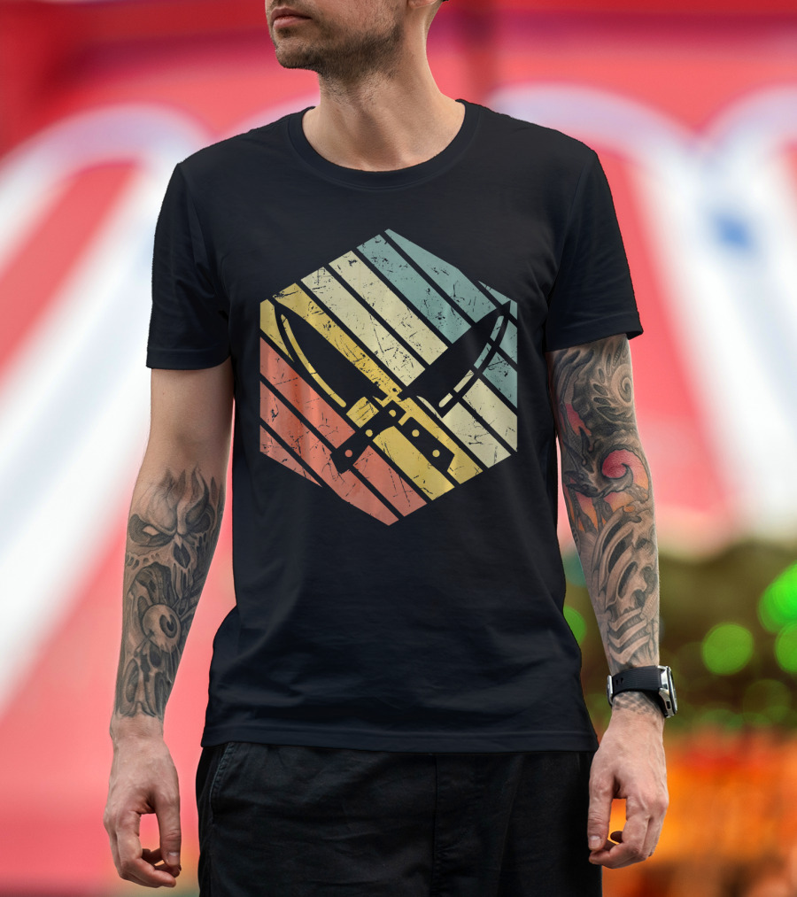 Chef Knife Vintage Retro Stripes Hexagon T-Shirt
