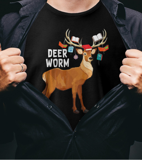 Deer Worm Funny Reindeer Librarian With Books On Antlers T-Shirt
