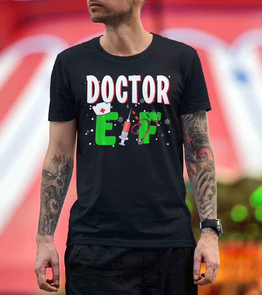 Doctor Elf Funny Christmas Matching Group Stethoscope Syringe Holiday Snowflakes T-Shirt