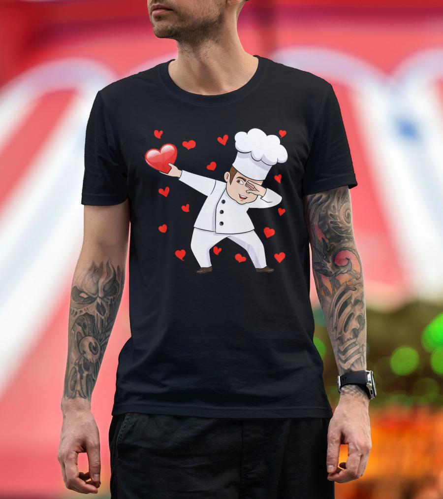 Dabbing Chef Holding Red Heart Surrounded by Love Valentines T-Shirt