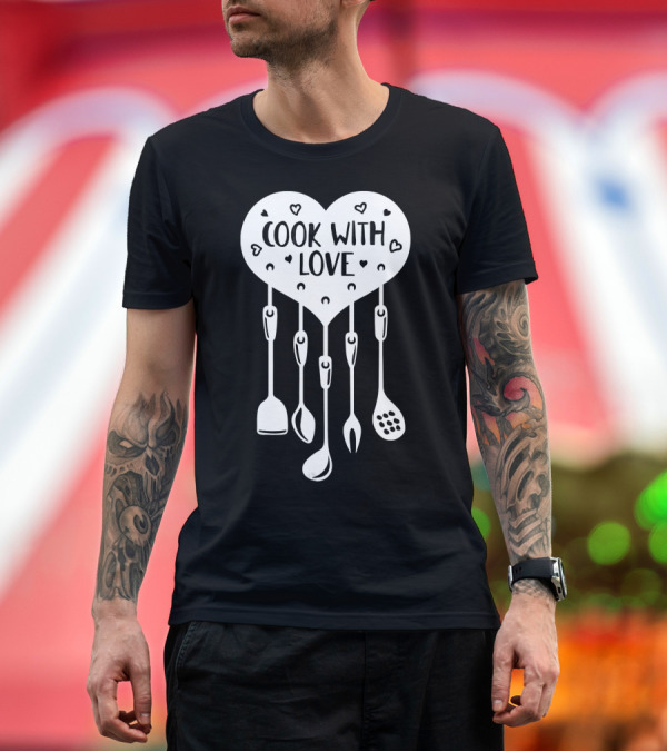 Premium T-Shirt: Cook With Love Heart Shape Hanging Utensils T-Shirt Cook With Love Heart Shape Hanging Utensils T-Shirt
