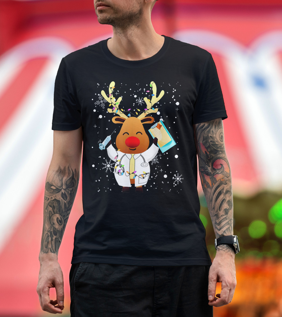 Funny Xmas Reindeer Doctor Theme with Holiday Lights and Snowflakes T-Shirt