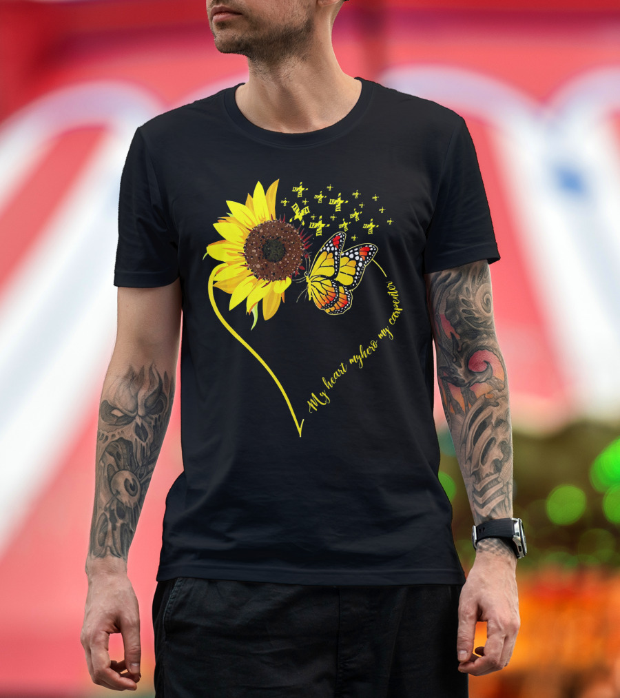 My Heart My Hero My Carpenter Sunflower Butterfly Heart T-Shirt