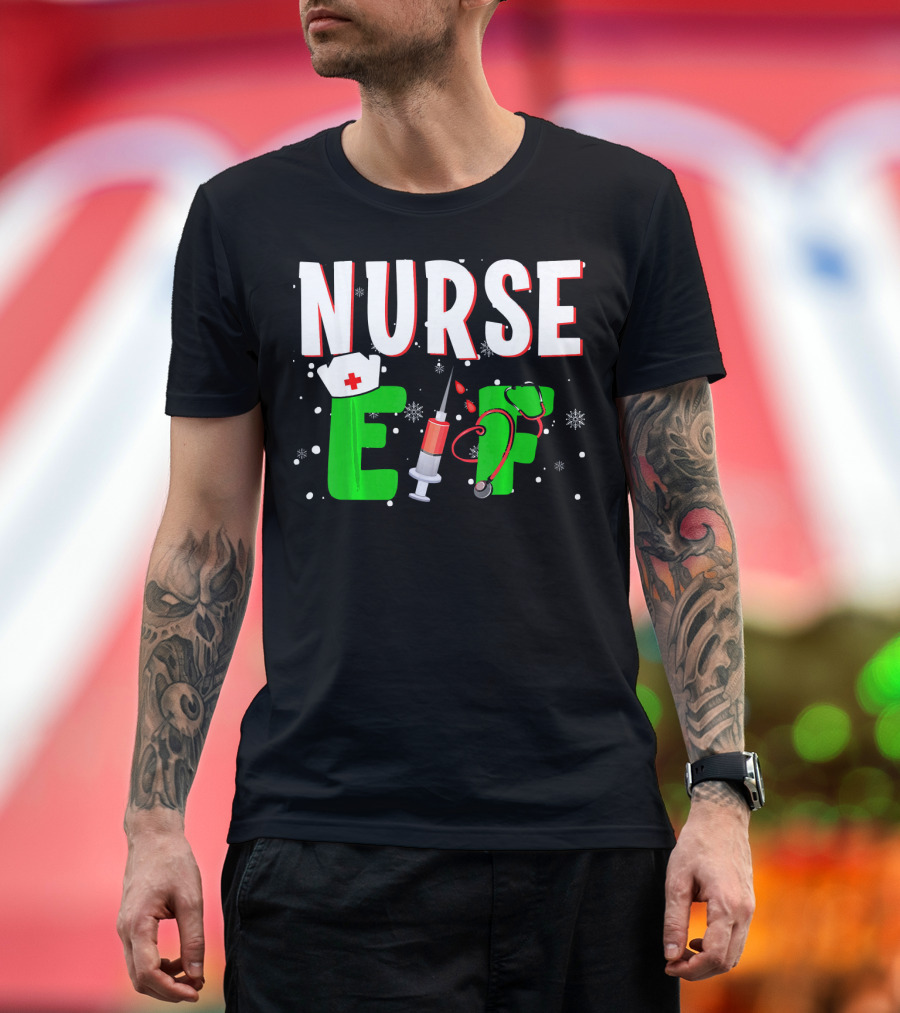Nurse Elf Christmas Syringe Stethoscope Snowflakes Holiday Humor T-Shirt