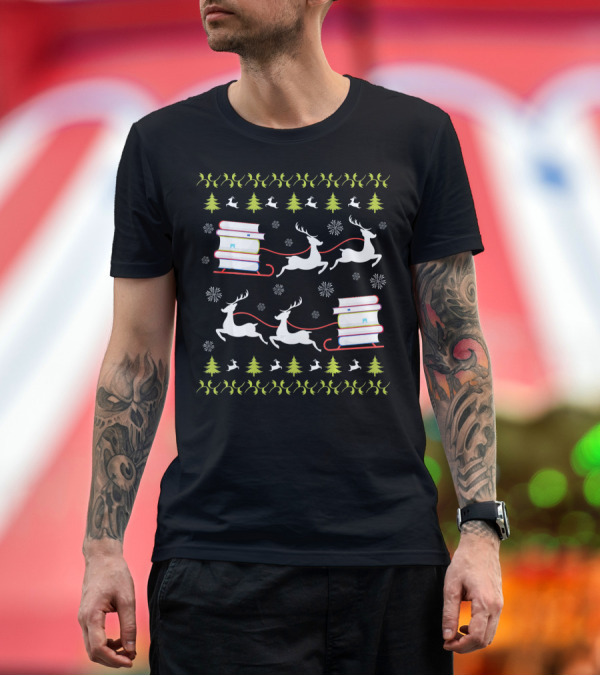 Premium T-Shirt: Ugly Christmas Librarian Reindeer Books Fun T-Shirt Ugly Christmas Librarian Reindeer Books Fun T-Shirt