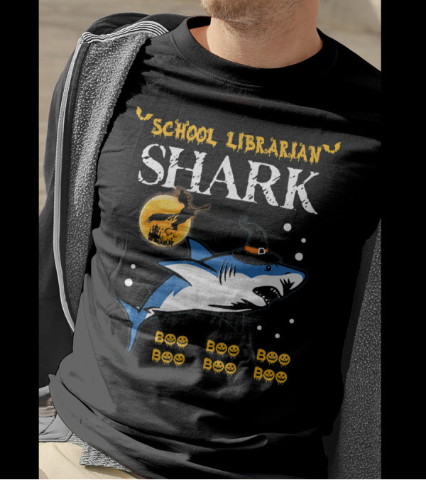 School Librarian Shark Boo Boo Boo Halloween Moon Pumpkins T-Shirt