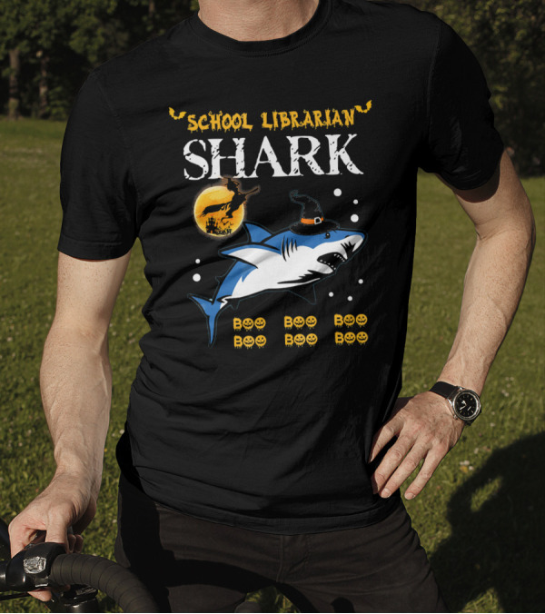 School Librarian Shark Boo Boo Boo Halloween Moon Pumpkins T-Shirt