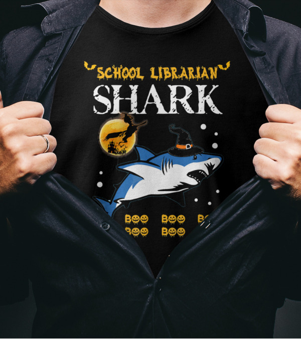 School Librarian Shark Boo Boo Boo Halloween Moon Pumpkins T-Shirt