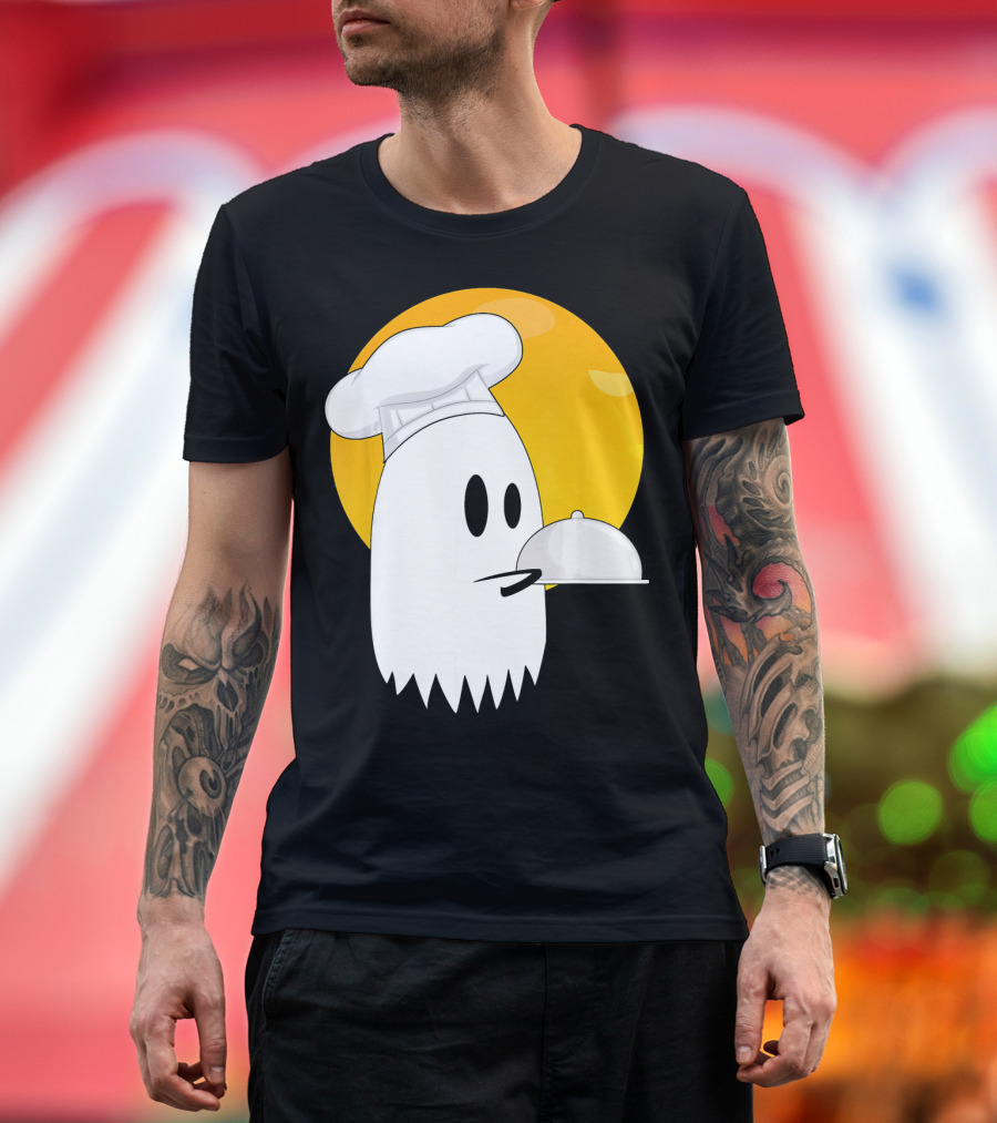 Spooky Ghost Cooking Chef Halloween Cost Dish Serving Ghost in Chef Hat with Moon Background T-Shirt