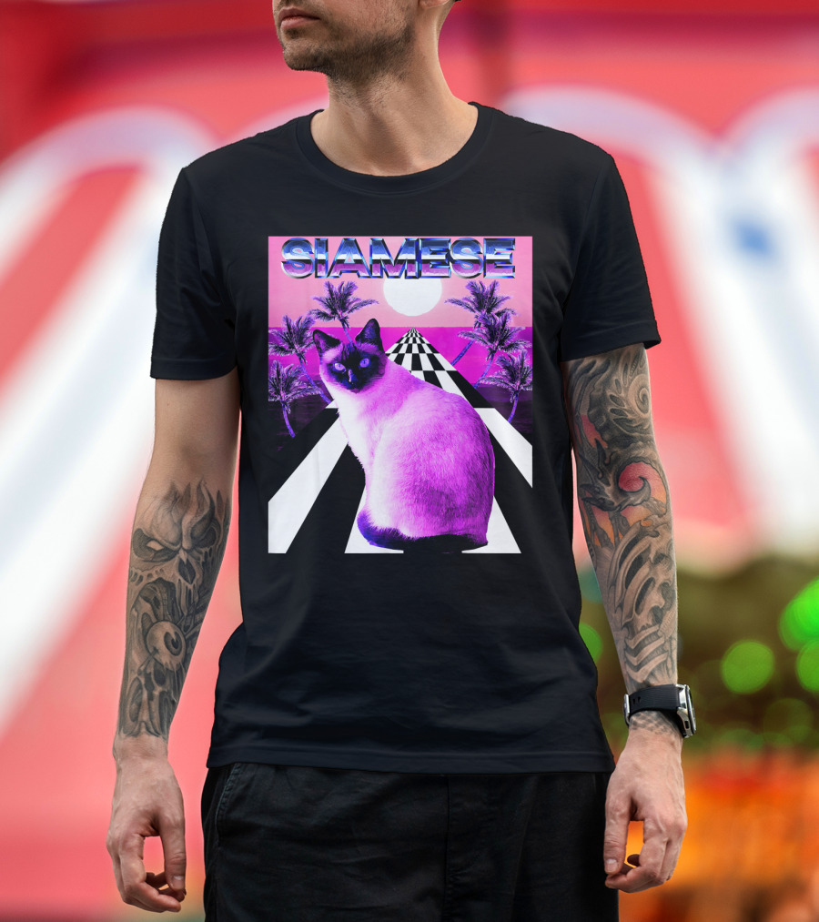 Siamese Cat Vaporwave Retro Aesthetic Sunset Palms Checkerboard T-Shirt