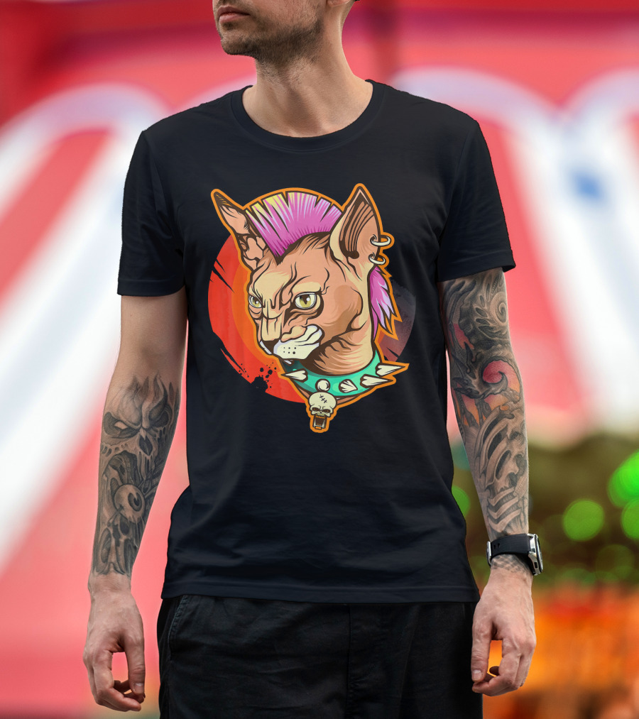 Punk Rock Mohawk Sphynx Cat Skull Collar T-Shirt