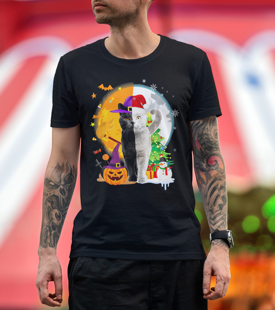 Cat Halloween Christmas Pumpkin Snowman Tree T-Shirt