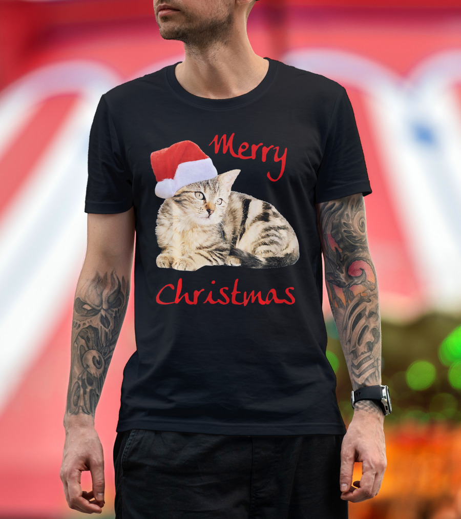 Merry Christmas Cat Cute Kitten Santa Hat T-Shirt