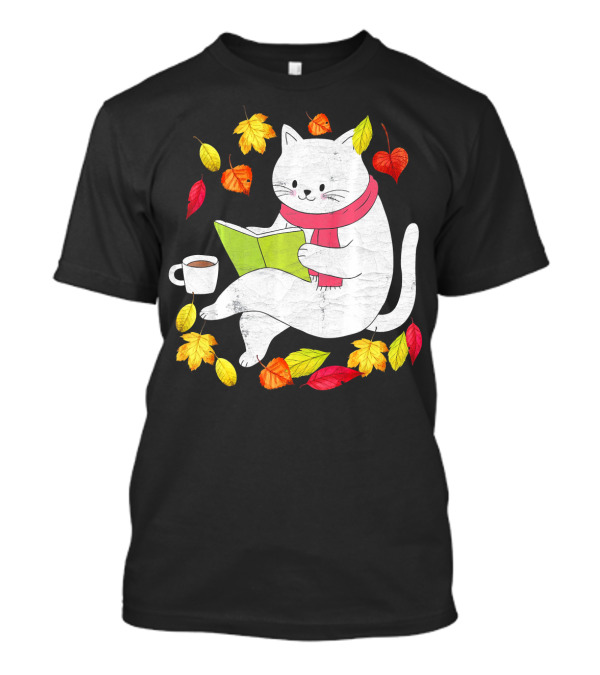 Funny Autumn Cat With Maple Leaves And Coffee Reading Book T-Shirt