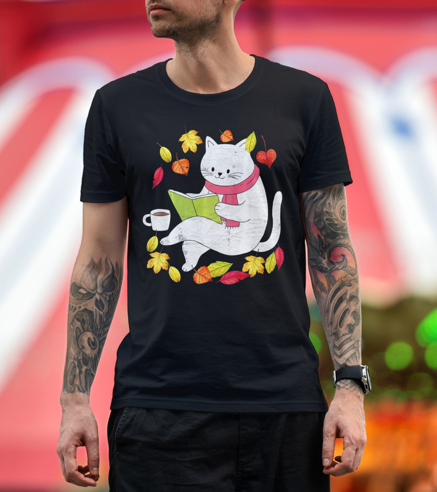 Funny Autumn Cat with Maple Leaves and Coffee Reading Book T-Shirt